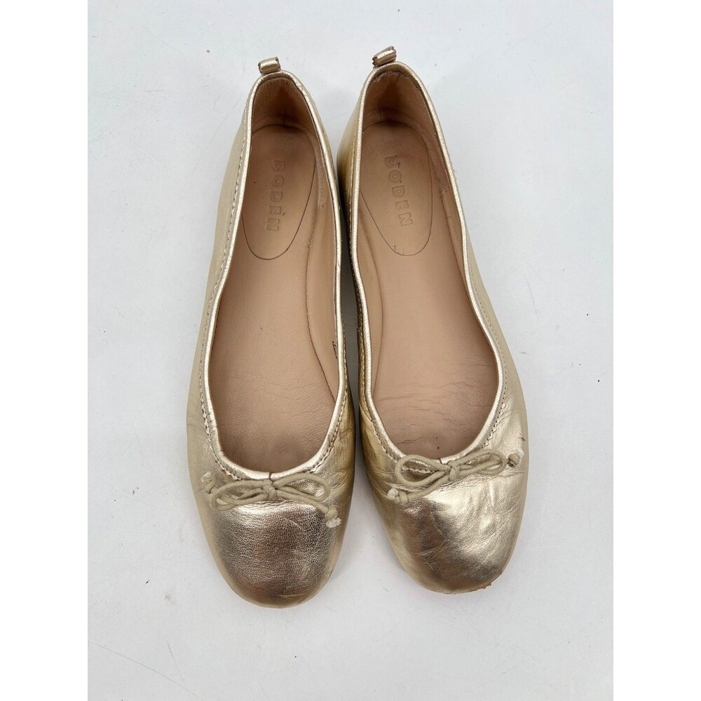 Boden Kitty Flexi Sole Ballet Flats 39 Gold Leather Bow Scalloped Heel
